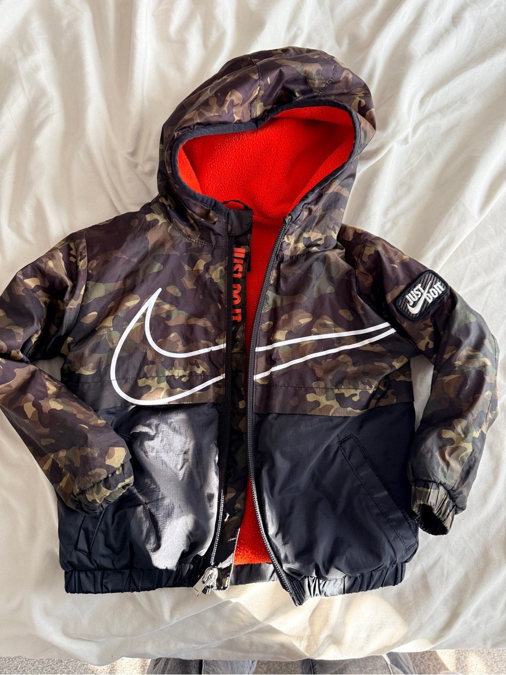 Nike Kids Camo Hooded Puffer Jacket with Bright Red Lining